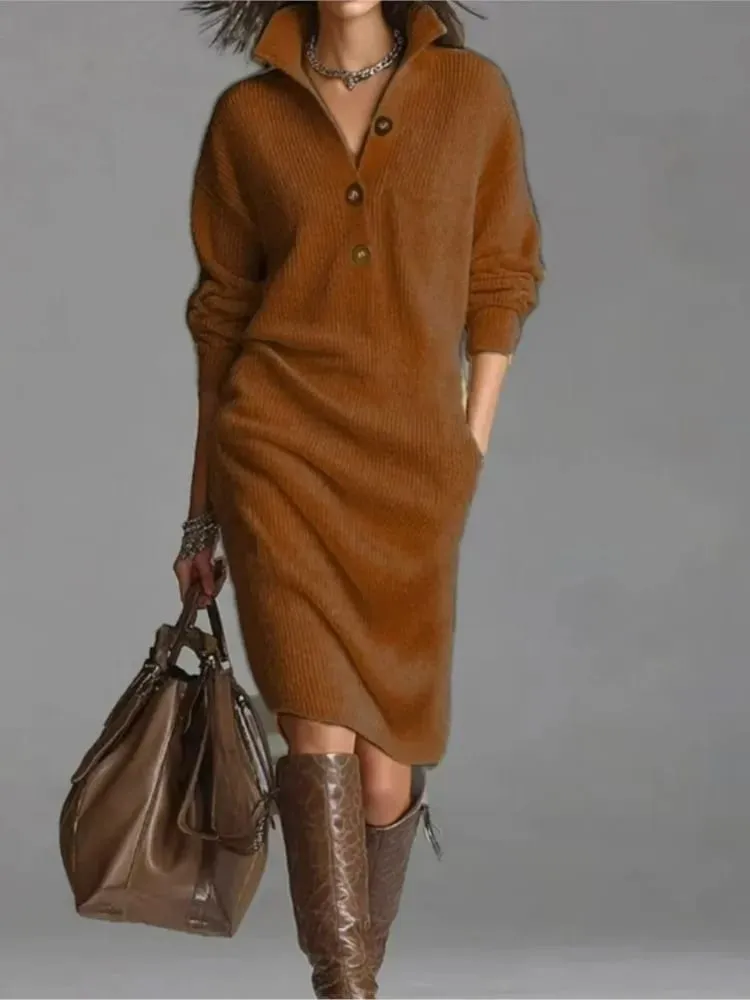 Autumn Fashion Knitted Button Lapel Women Dress Casual Loose Pocket Lazy Straight Over The Knee Long Sleeve Sweater FemaleDress — image 2