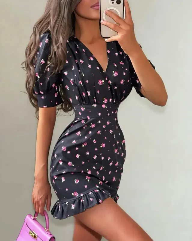 Elegant Floral Printed Mini Dress Women V-neck Short Sleeves Waist Cinching Ruffle Hem Dresses 2026 Lady Summer Vacation Robe — image 7