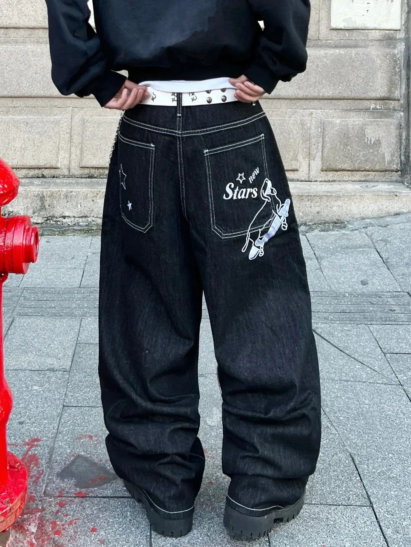 Men's Jeans Vintage Black Baggy Wide Pants Trendy Y2K Streetwear Men's Denim Pants Men's Casual Trousers With Letter And Star