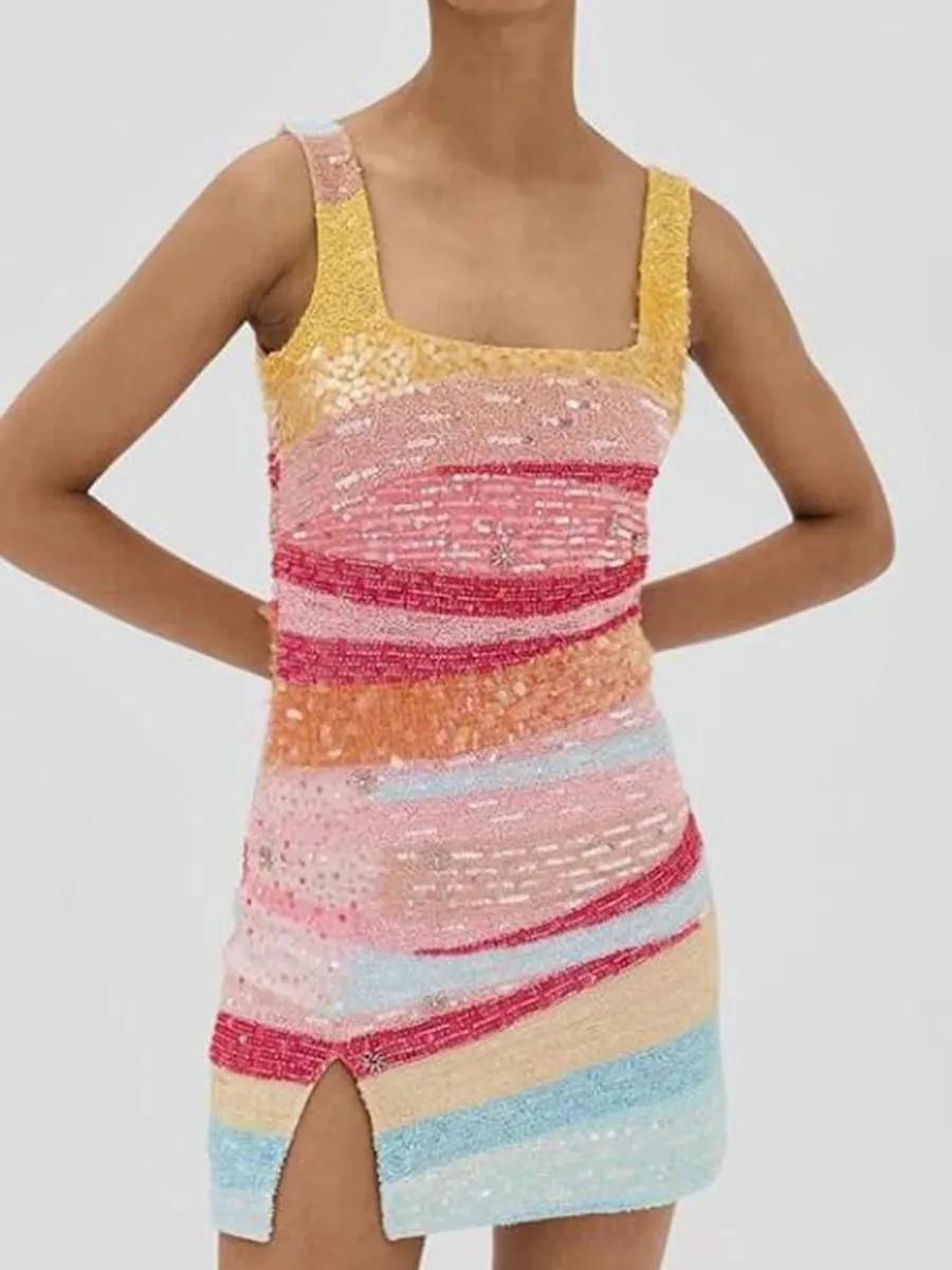 Elegant Lady Fit Banquet Short Dress Fashion Sequins Sleeveless Halter Evening Dress Summer New Women High Waist Wrap Hips Dress — image 4