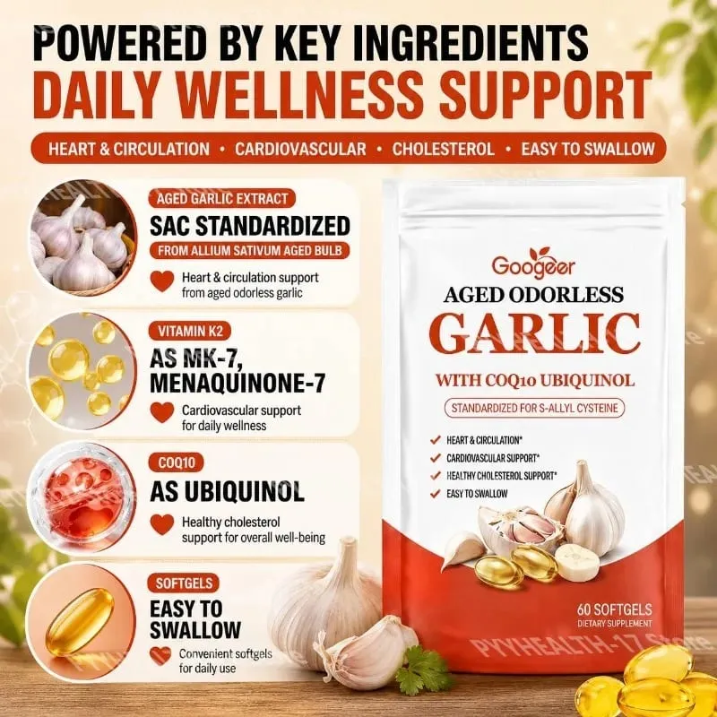 Googeer Aged Odorless Garlic Softgels with CoQ10 Ubiquinol Vitamin K2 (MK-7) for Circulation & Cholesterol Support 60 Softgels — image 2