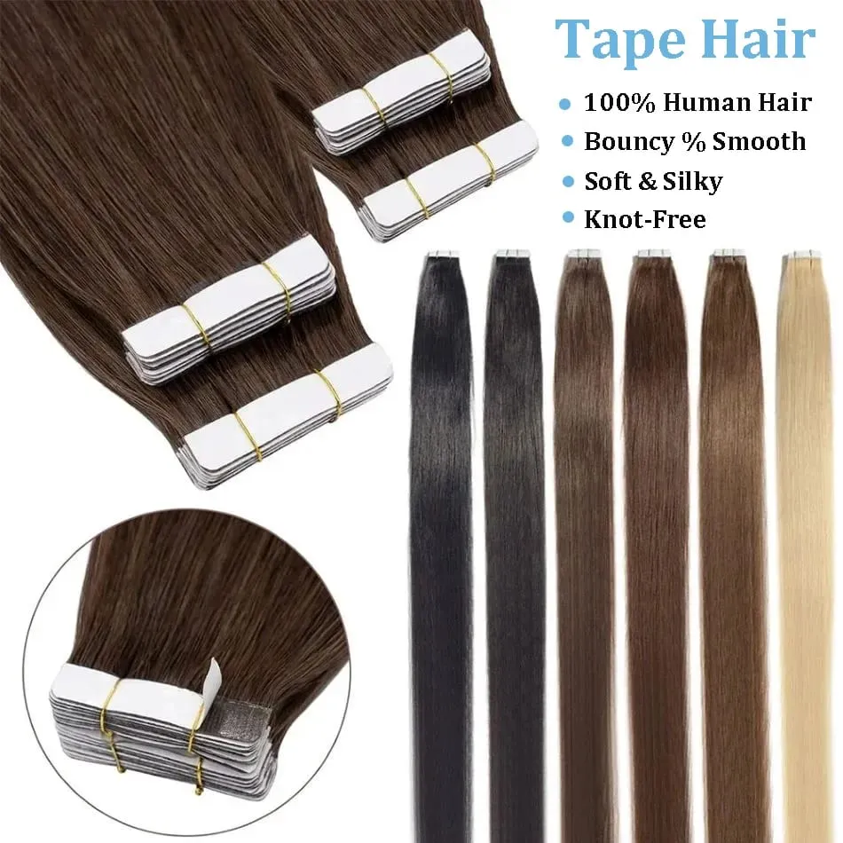 Tape In Hair Extensions Remy 100 Human Hair Straight Seamless Skin Weft Tape Hair Extensions Natural Black Hair For Women — image 3