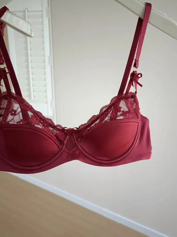 Red Lace Satin Bra Set Half Cup Thin Push‑Up Less Show Big Chest Sexy French Lingerie Women Underwear 32‑38