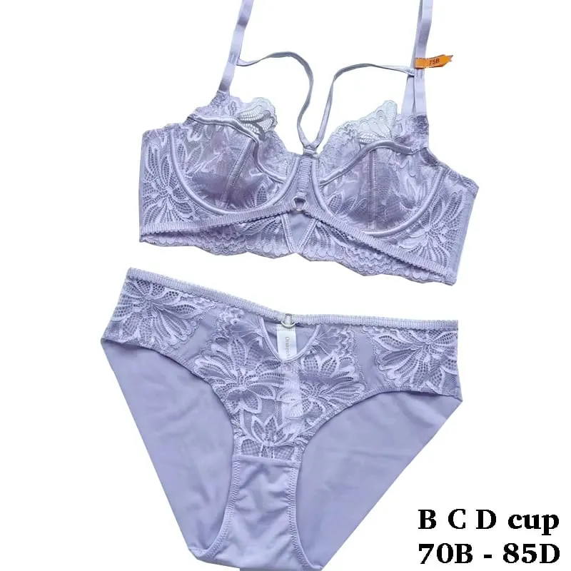 mataas na kalidad na mga sexy lace na pambabaeng bra at maikling two piece set push up lace B C D cup wire summer lingerie underwear purple green — image 2