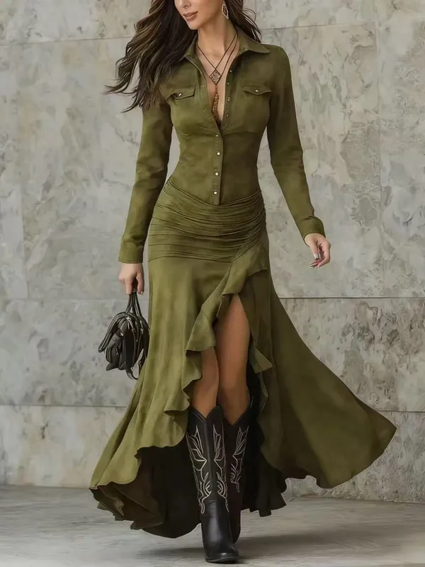 Elegante retro vestido de cor sólida para as mulheres primavera outono moda nova lapela botão manga longa assimétrico bainha grande vestido longo — image 4