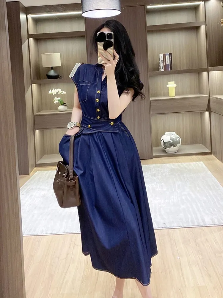 Sleeveless Denim Dress 2026 Summer Short Sleeve Women Dress Slim A-line Casual Commute Dresses — image 5