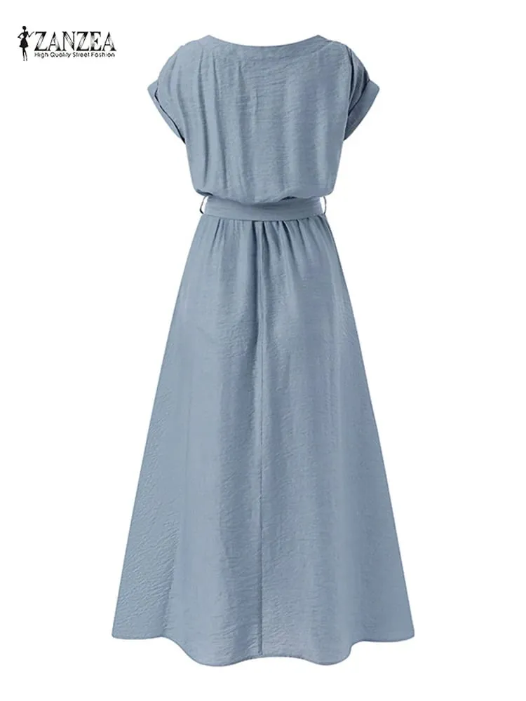 2025 ZANZEA Dammode Kortärmad Klänning Sommar Elegant Fest Vestidos Casual Mid-calf Soldress Femme Vintage OL Robe Kaftan — image 5