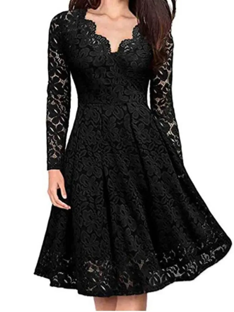 Women Lace A-Line Dress Spring Autumn V Neck Long Sleeve Lace Crochet Patchwork WineRed Slim Party Dresses JYFS-JY8858 — image 5