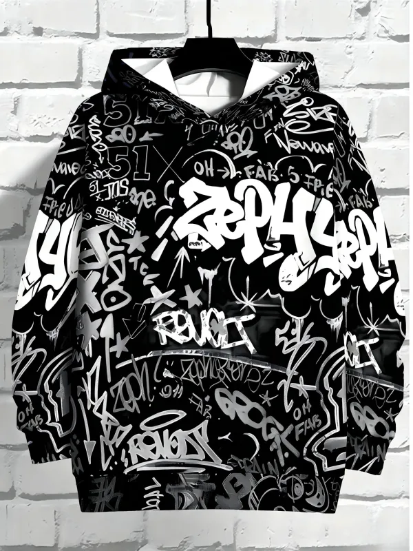 European at American Men's Autumn Gothic Letter Graffiti Print Soft and Comfortable Hooded Sweatshirt Outdoor Street Top — image 1