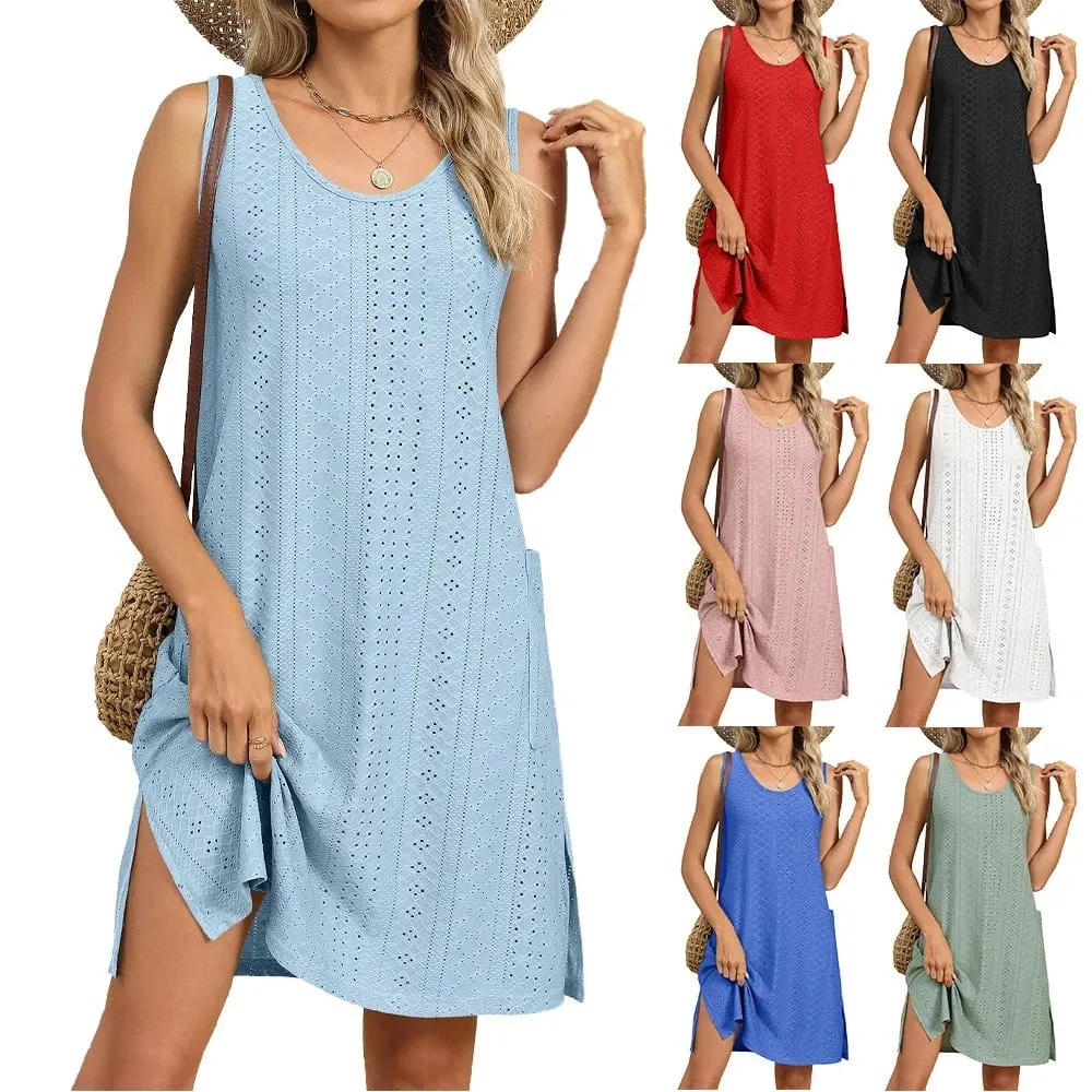 Summer Women's Dress Knit Midi Dresses Sleeveless Round Neck Casual Dress Eyelet Lace A Line Dress Pastel Blue For Woman — image 1