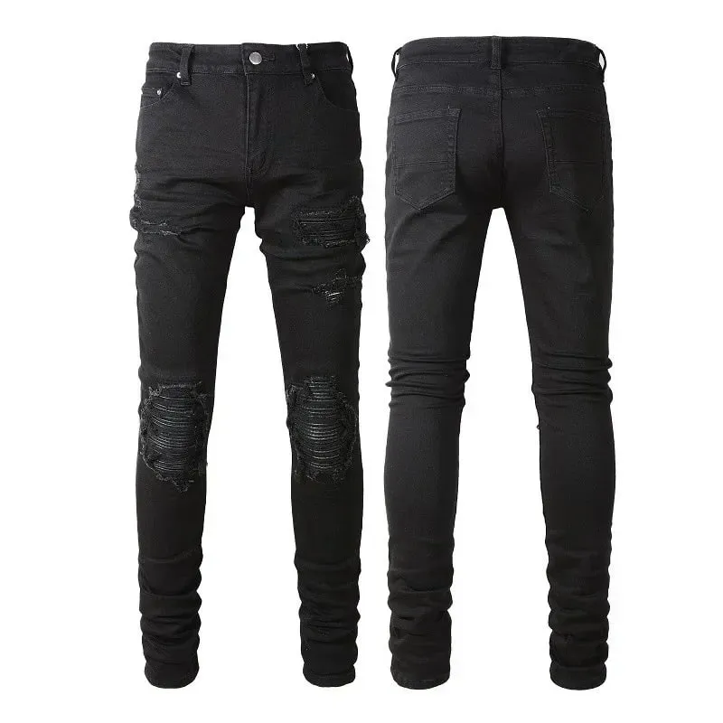 Skinny Hole farmerek férfiaknak Vintage ceruzanadrágok, egyenes bokáig érő nadrágok, mosott, szorongatott farmerek, 2024 őszi utcai viselet — image 6