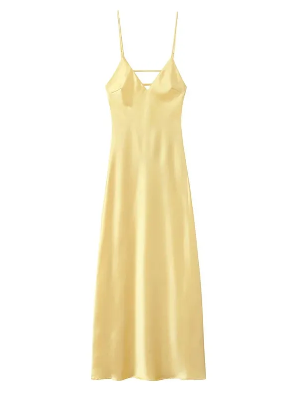 Sexy Yellow Satin Lace Patchwork Dress Spaghetti Strap Walang manggas na V Neck Bias Cut Pambabae Dresses 2026 Summer Evening Party Robe — image 13
