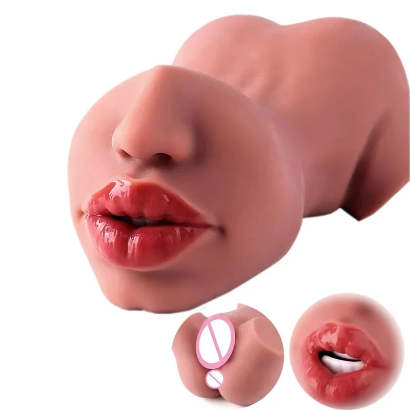 1pc Double-Ended Male Masturbation Sex Toy with Realistic Sexy Plump Lips Pocket Stroker Toy with Mouth Tongue&Textured Vagina