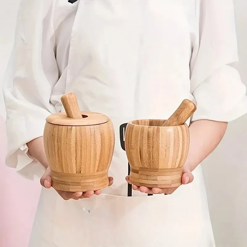 1set Bamboo garlic jar household kitchen food mixer garlic puree grinder with lid — image 6