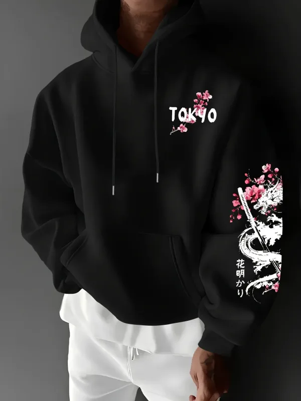 Bagong Men's Anime Dragon Cherry Blossom Printed Hooded Sweatshirt Winter Fleece Warm Casual Street Comfort Inspired Design Hoodie — image 3