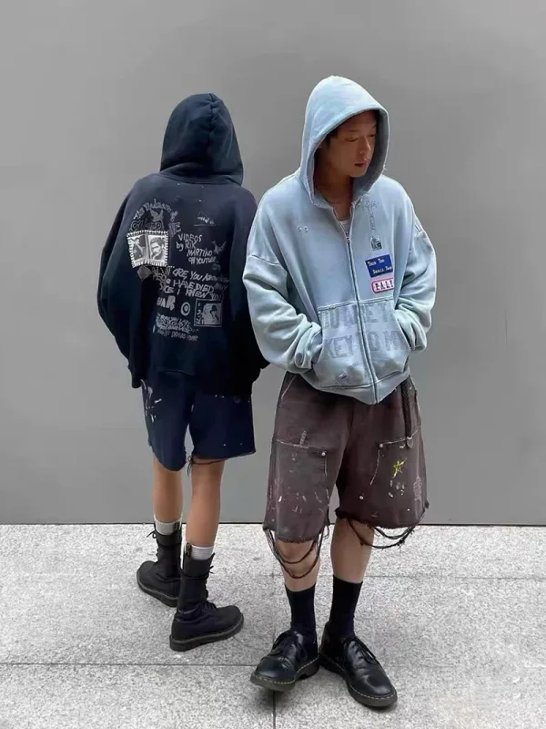 Light Blue PALY Letter Crystal Hoodie Ripped Washed Fashion Patch High Street Casual Men Women 1:1 Zipper Sweatshirts — image 20