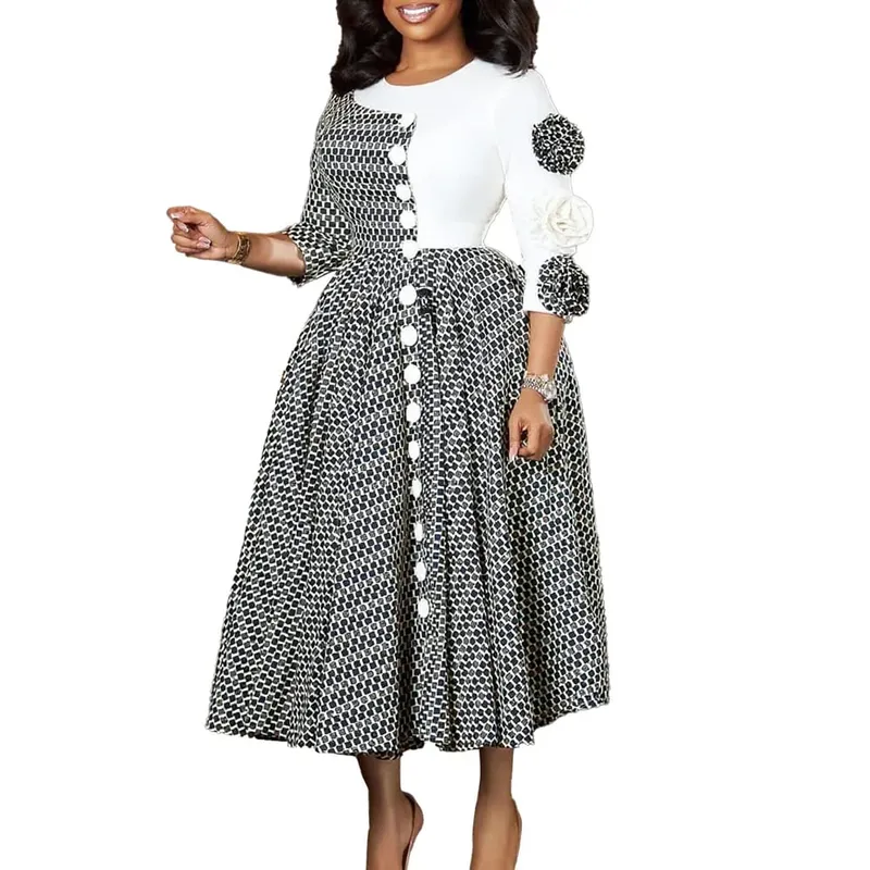 Elegant Dresses for Women 2025 Fall Fashion African 3/4 Sleeve Party Birthday New Robe Chic 3D Flower Plaid Evening A-Line Dress — image 9