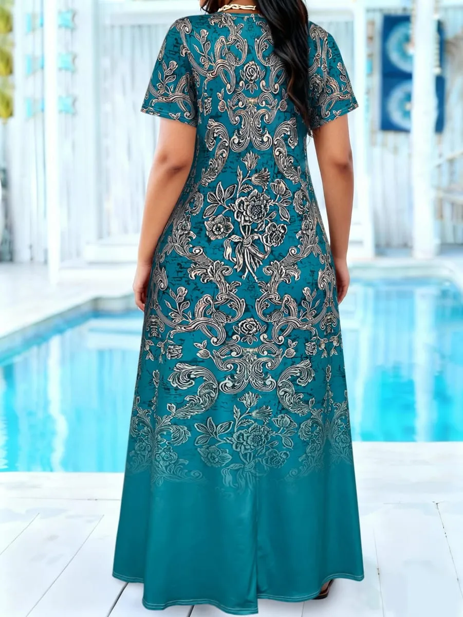 Plus Size Teal Baroque Floral Print Maxi Dress Summer Casual Short Sleeve Scoop Neck Loose Long Sundress na May Pocket — image 4