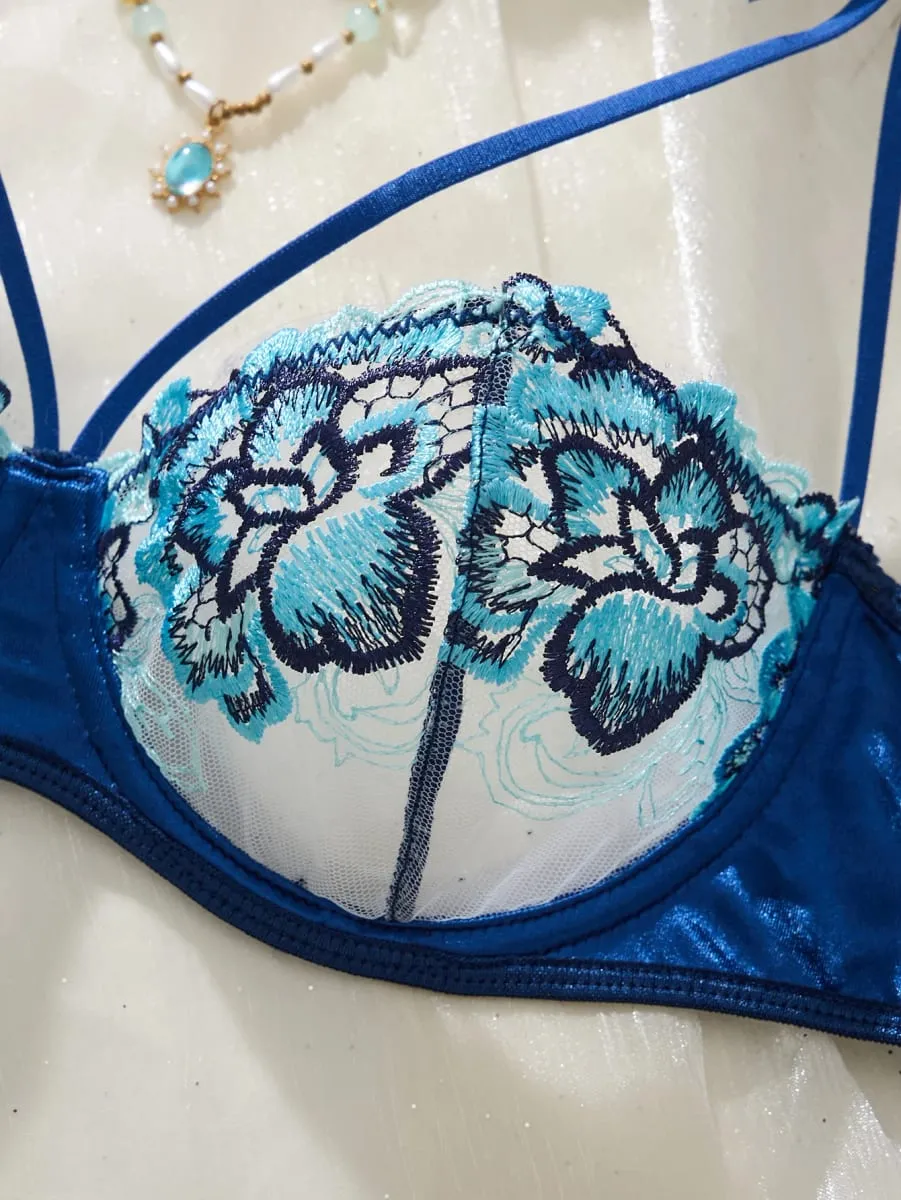 Vintage Blue Satin Lingerie Set Contrast Floral Embroidery Sheer Mesh Underwire Bra Adjustable Strap Thong Panties For Women — image 2