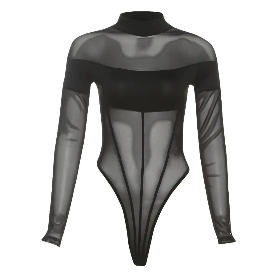 Weird Puss Coquette See Through Bodysuit Women Sexy Wild Mesh Hipster Patchwork Full Sleeve Midnight Stretch Street Clubwear — image 8