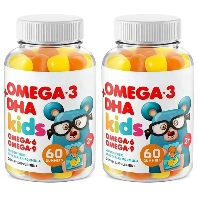 Kids Omega 3 DHA Gummies with Omega 6 & 9 Vitamin C for Brain Eye & Heart Support Vegetarian Gluten Free Ages 2+ 60 Count