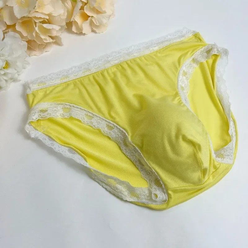 Breathable Ice Silk Men's Underwear Lingerie Low Waist Men's Lace Trim Briefs Panties U-Convex Pouch Brief Youth — image 12