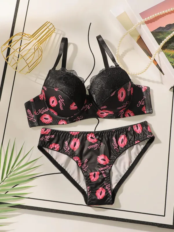 Women High Quality Printed Patchwork Lace Sexy Lingerie Set Push Up Underwire Bra And Panty Set For Ladies Comfort Fit S-XL