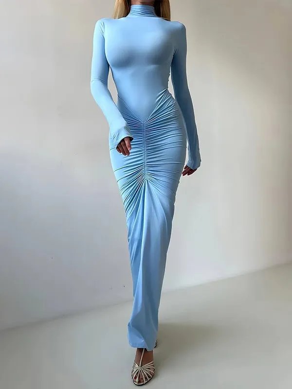 Sisterlinda Autumn New Style Long Dress Woman Turtleneck Full Sleeve Skinny High Stretch Daily Casual Fashion Elegant Vestidos — image 2