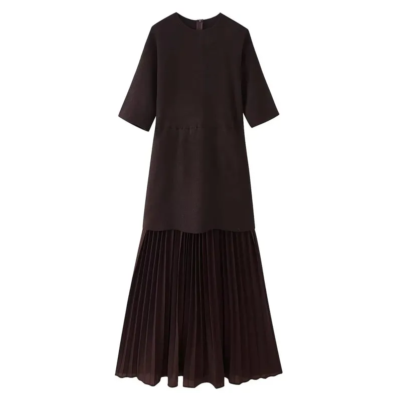 HH Mulheres Elegantes Meia Mangas Gola O Vestido Plissado Primavera Mulher Zíper Traseiro Emenda Vintage Casual Malha Vestido Longo