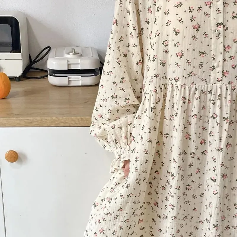 Musselina 100% algodão gaze para mulheres vestido de manga longa botão acima impressão moda casual chique oversized solto feminino vestidos mujer — image 3