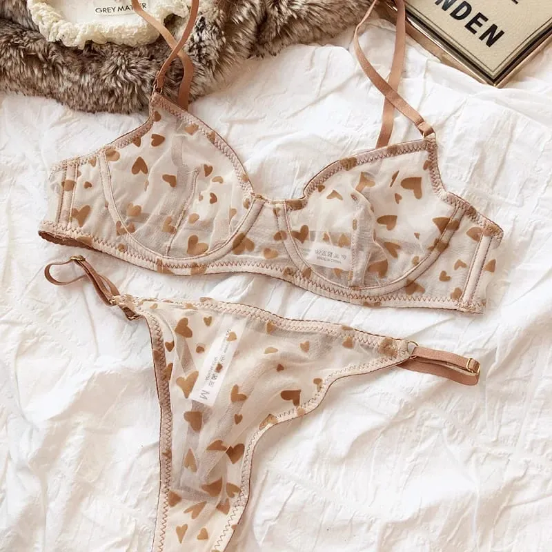 2 peças conjunto de lingerie sexy ultra fino respirável sutiã para mulher push up sutiã conjunto verão malha romântico pêssego coração íntimos — image 16
