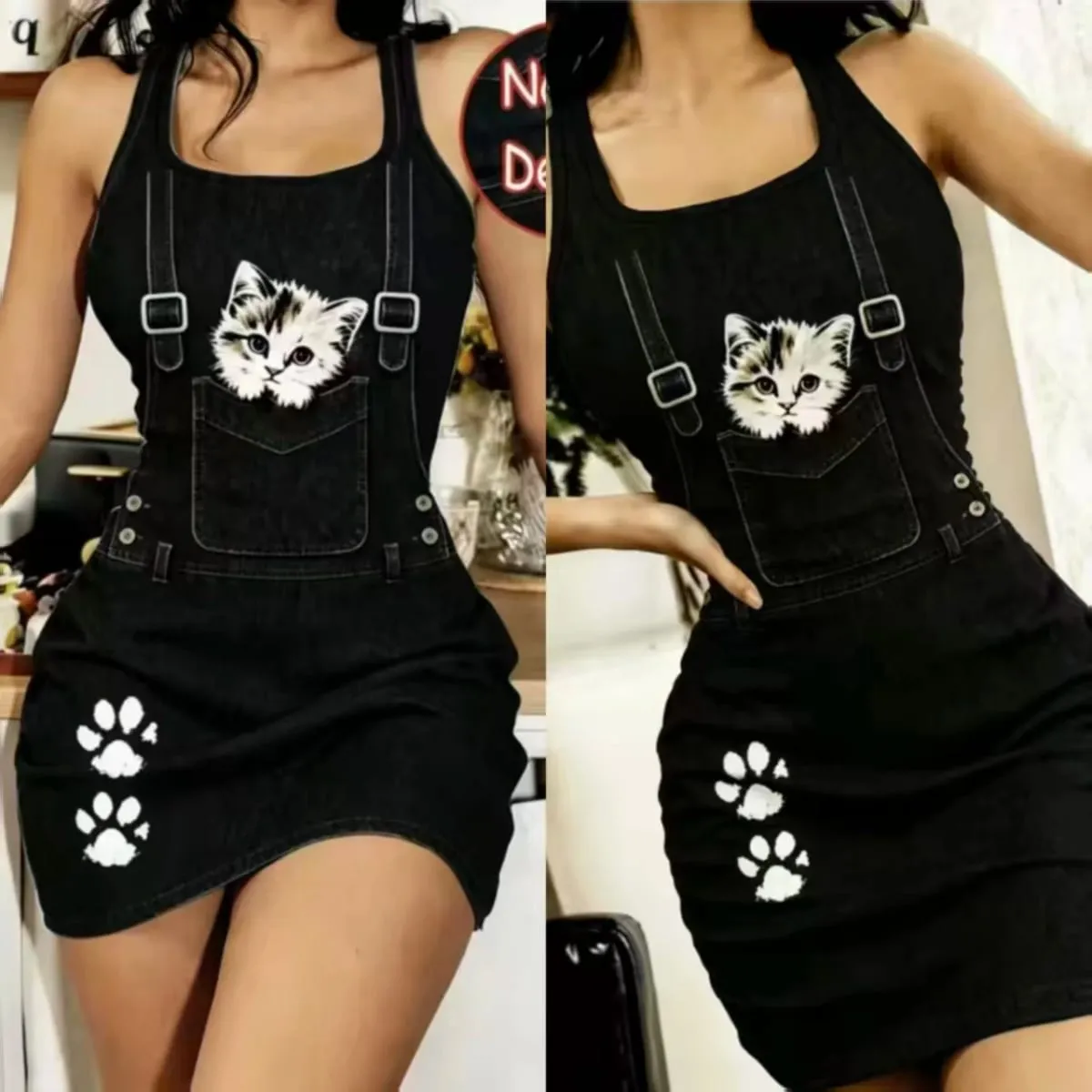 Women’s Spring and Summer Casual Slim-Fitting Spaghetti Strap Sleep Dress Made from Non-Denim Fabric. A Faux Denim cartoon Ca