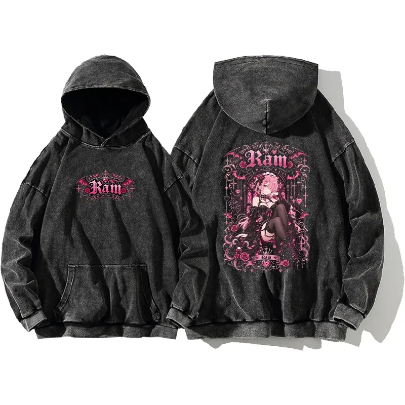 Anime Re:Zero Ram Gothic Hoodies Vintage Washed Streetwear Lalaki Babae Damit Taglagas Mahabang Manggas Oversized 100% Cotton Hooded Top