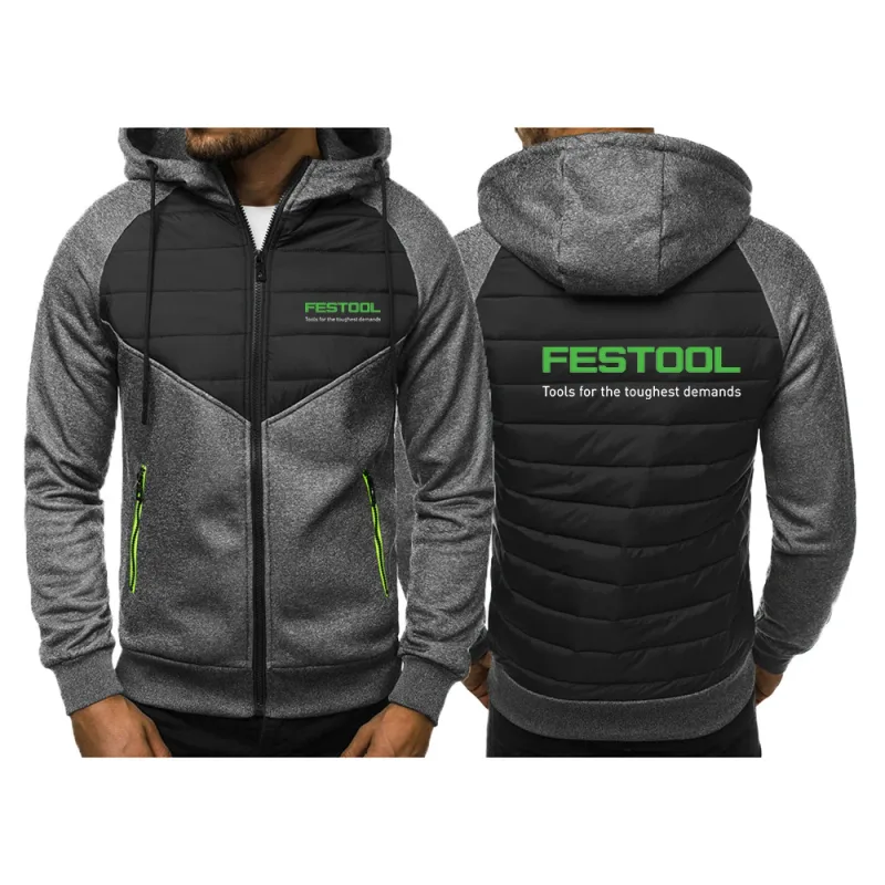 2025 Personality Patchwork Huvtröjor Vår Och Höst Dragkedja Huvkappa Herr Festool Verktyg Grafik Logotyptryck Slim Jacka