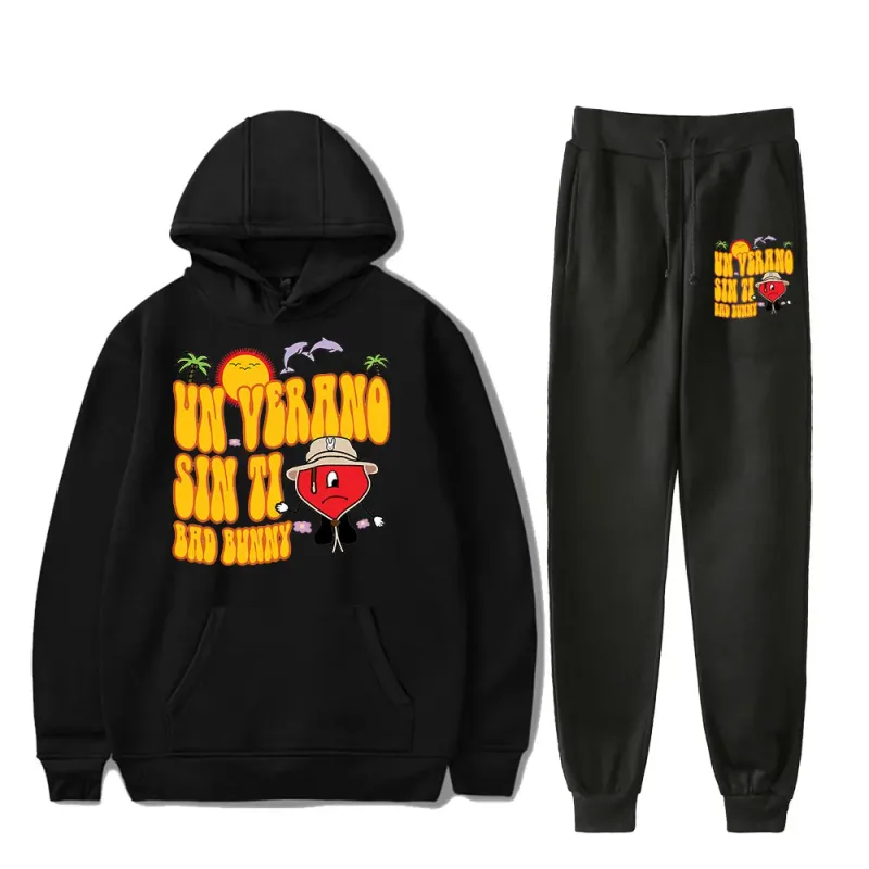 Comfortable Bad Bunny Un Verano Sin Ti logo Rapper Print Sweatshirt Sweatpants Suit Hoodies+Trousers Suit 2 Piece Set Clothes