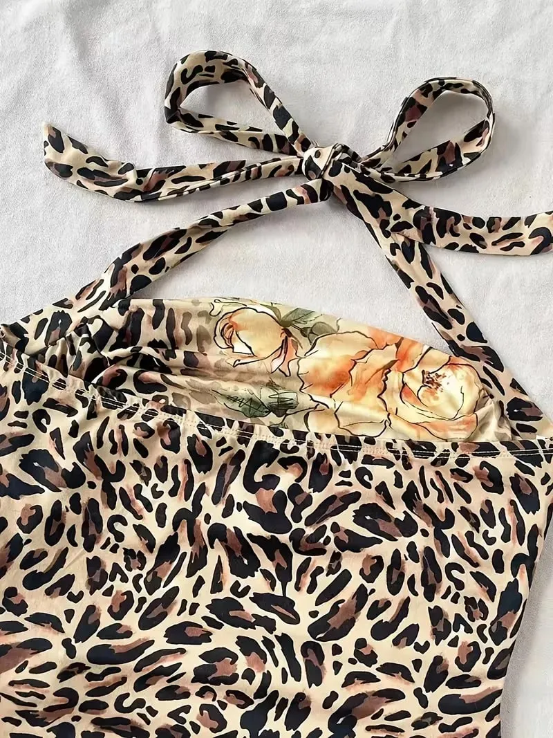 Cropped Top Women's Summer Vacation Women's Half Neck Leopard Print Colorful Flower Top — image 4