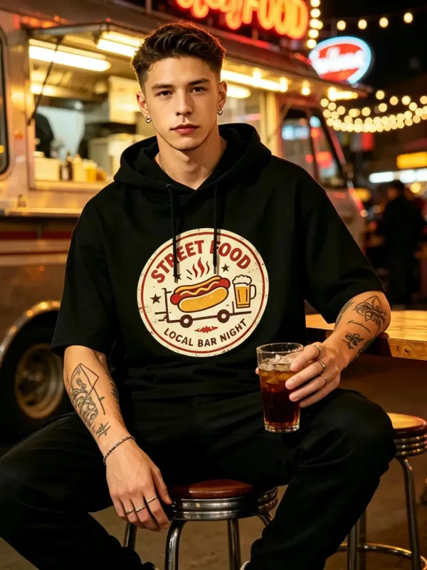 Street Food Local Bar Night Graphic Short Sleeve Hoodie Men Retro Vintage Sleeveless Hooded Tee — image 5