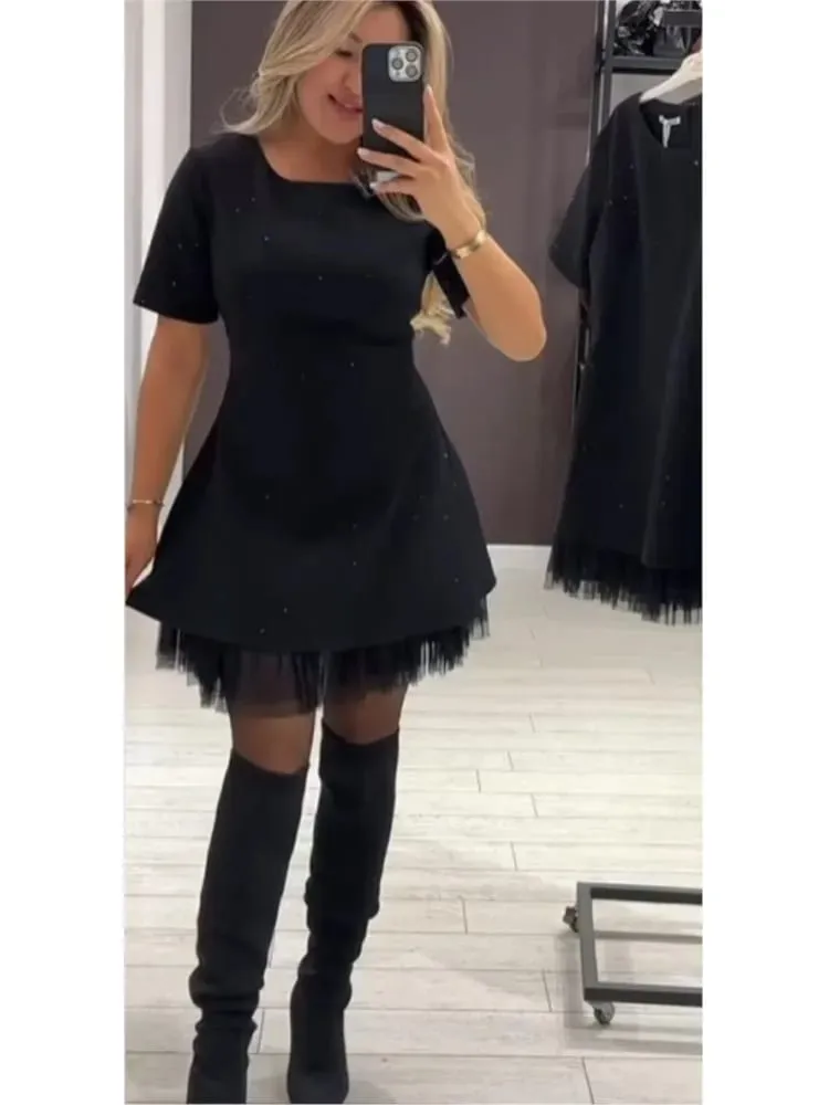 Elegant Casual Dress Spring Summer New Style Hot Rhinestone Hem Mesh Solid Fashion Dress Para sa Babae Short Sleeve Holiday Dress — image 4