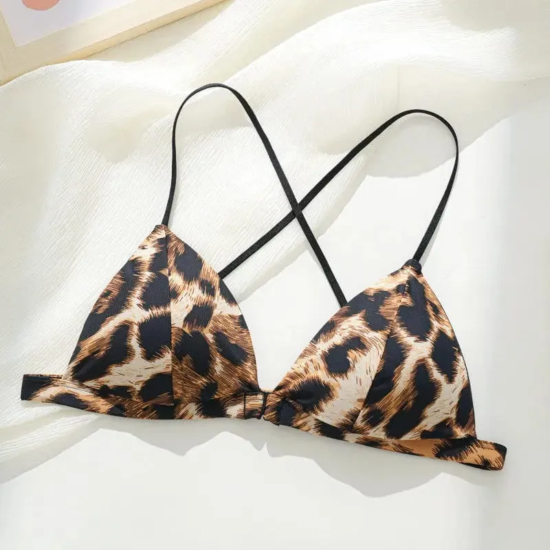 French Style Front Fastening Bra Thin Strap Triangle Cup Leopard Print Sensual Back Design Lightweight Small Bust BANERDANNI