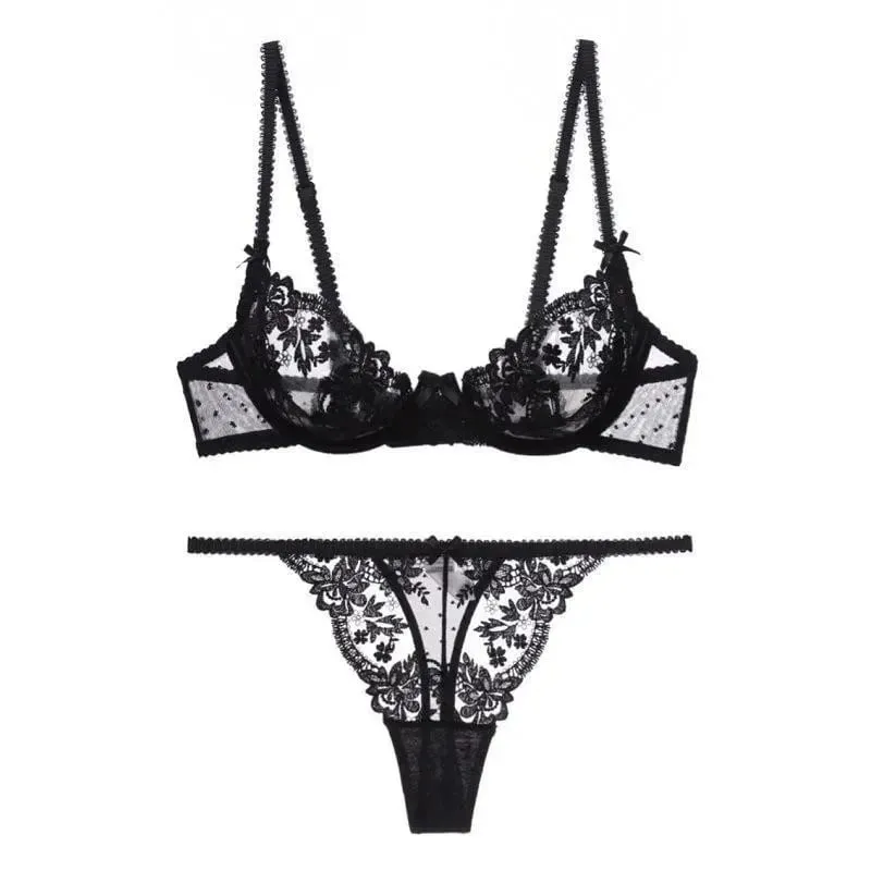 French Sexy Bra & Brief Set Lingerie Ultra-Thin See-Through Sexy Floral Lace Underwire Set Large Breasts Show Small Anti-Sag Bra — image 6