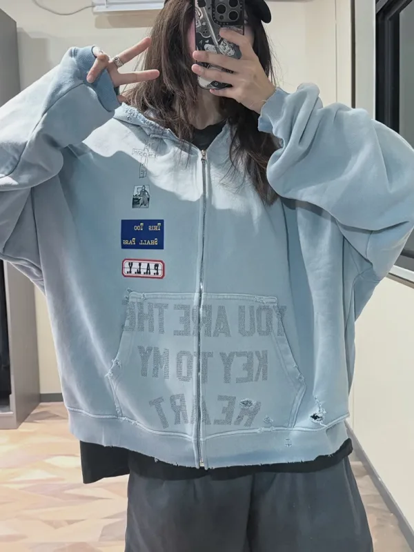 Light Blue PALY Letter Crystal Hoodie Ripped Washed Fashion Patch High Street Casual Men Women 1:1 Zipper Sweatshirts — image 26