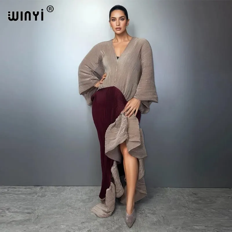 Ny veckad tunn klänning med hög gaffel för dammode strandtäckande muslimska Kaftan Abaya Dubai lyx lång aftonklänning — image 6