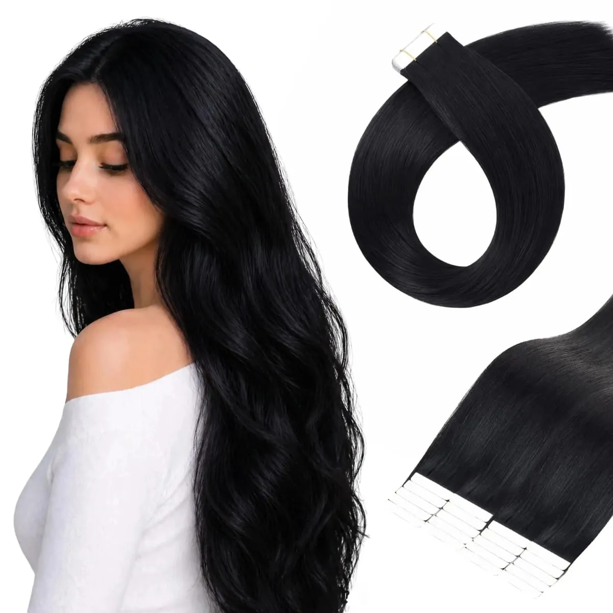 Fita reta em extensões de cabelo humano 16-26 polegadas 100% natural fita adesiva invisível real ins para mulher — image 1