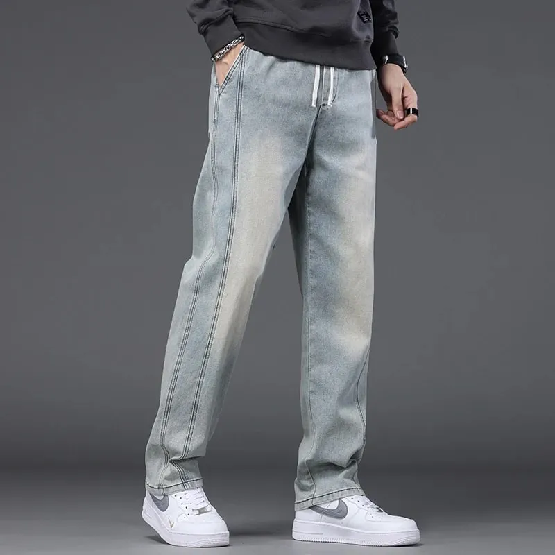 Autumn Winter Blue Jeans Men Drawstring Elastic Waist Cotton Cargo Denim Pants Work Fashion Thick Trousers Male Plus Size M-4XL — image 3