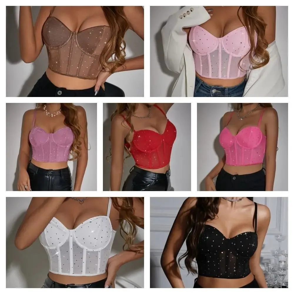 Fashion Black Mesh Crop Top Crystal Hollow Out Sexy Tank Top Camisole Sleeveless Women Short T-shirt Girls — image 7