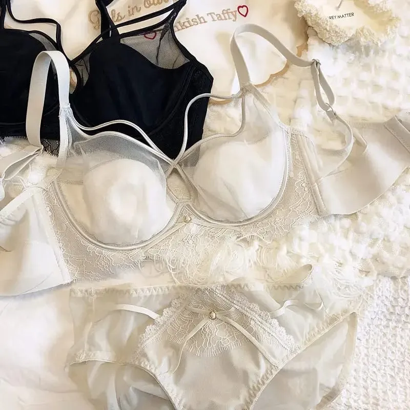 Sexy Hollow Bra Briefs Set Women Lace High Quality Underwear Thin Cup Adjustment Type Push Up Bras Mesh Lingerie Sets — image 9