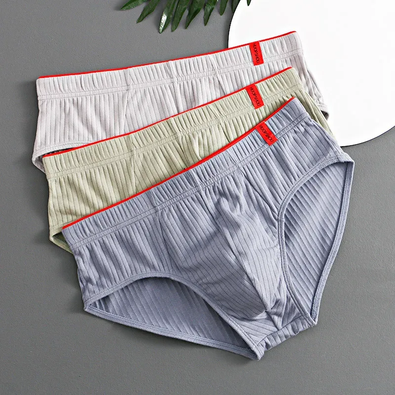 1/3PCS Panlalaking Brief sa Gitnang Baywang Elastic Soft Breathable Anti-septic U Convex Striped Solid Color Casual Men Underpants Underwear men — image 31