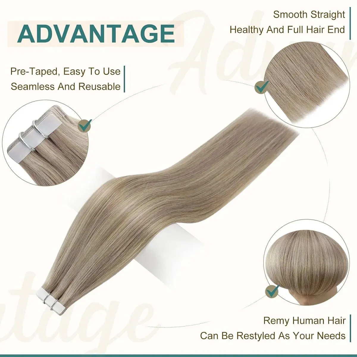 Invisible Tape in Hair Extensions Real Remy Hair Hair Extensions for Women Ash Blond mixed Platinum Blond Straight Hairpieces — image 4