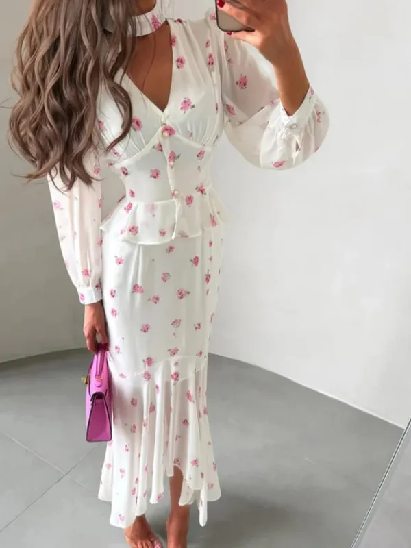 White Pink Floral Choker Neck Dress Women Elegant V-neck 3/4 Sleeves Peplum Ruffle Hem Long Dresses 2026 Lady Daily Vestidos New — image 9