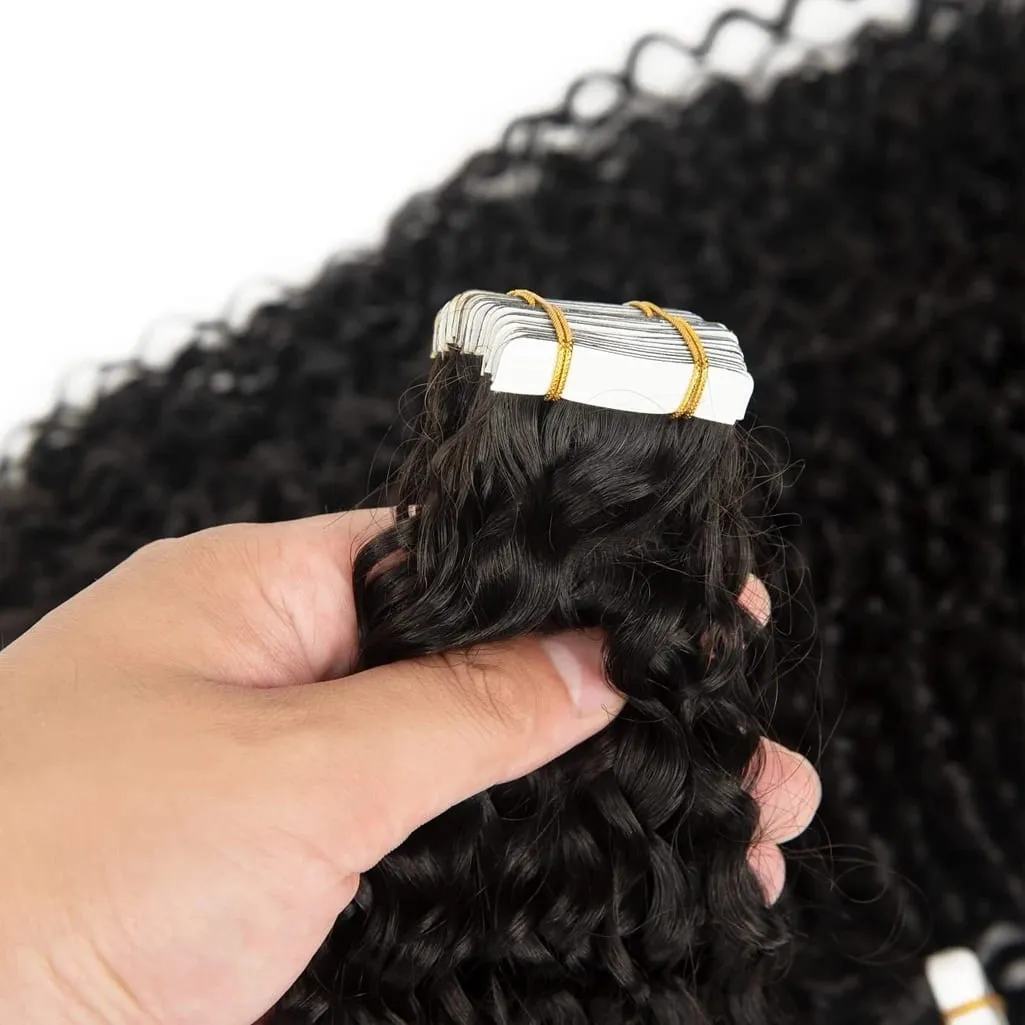 Curly Tape in Hair Extensions 100% Brazilian Human Hair Deep Wave Adhesive Tape in Extensions Human Hair Natural Black For Women — image 2